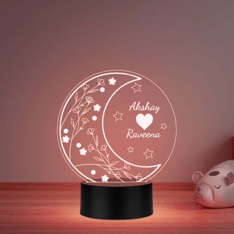 Personalized Couple Name Led Night Lamp with Automatic Color Changing Light Moon Theme Design Anniversary & Birthday Gifts for Couples